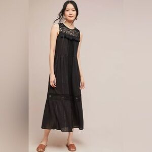 Maeve Anthropologie Abilene Maxi Dress gold and black crochet and tassels sz XS